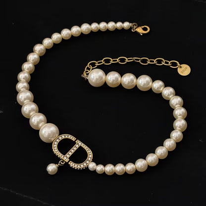 WDYW丨Designer Replica DI** Size Pearl Vintage Full Diamond CD Buckle Necklace