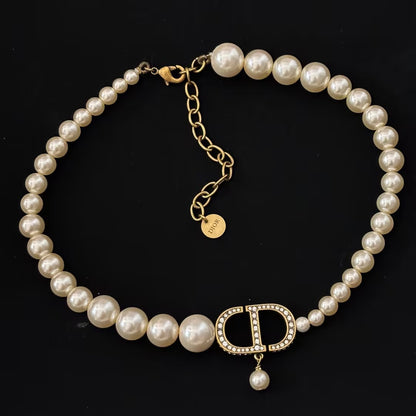 WDYW丨Designer Replica DI** Size Pearl Vintage Full Diamond CD Buckle Necklace