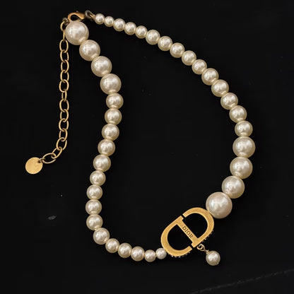 WDYW丨Designer Replica DI** Size Pearl Vintage Full Diamond CD Buckle Necklace